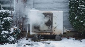 An outdoor heat pump unit covered in snow, emitting a thick cloud of white steam while operating in a wintry environment.