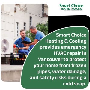 Two HVAC technicians in blue uniforms inspecting an outdoor AC unit during an emergency service call. A green and black graphic overlay features the Smart Choice Heating & Cooling logo and text regarding emergency HVAC repair in Vancouver to prevent frozen pipes and water damage during a cold snap.