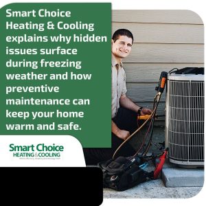An HVAC technician from Smart Choice Heating & Cooling kneels beside an outdoor AC unit, using professional diagnostic tools and gauges.