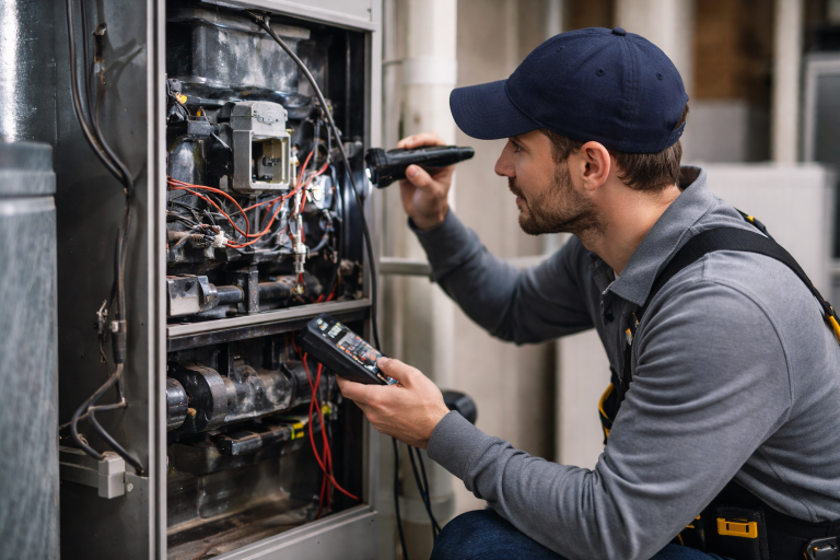 HVAC technician inspecting a furnace for repair issues at a Vancouver WA home
