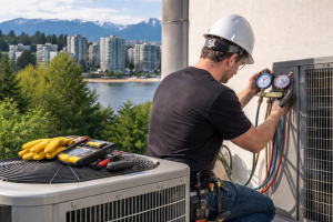 HVAC technician repairing outdoor AC unit and checking refrigerant levels in Vancouver WA residential home