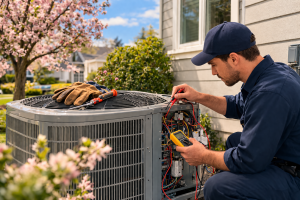 HVAC technician repairing air conditioning unit during spring maintenance to prevent costly repairs in Vancouver WA