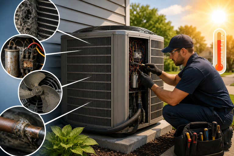 HVAC technician inspecting and repairing an outdoor air conditioning unit with close-up views of hidden wear issues like dirty coils, refrigerant leaks, and electrical damage during peak summer heat