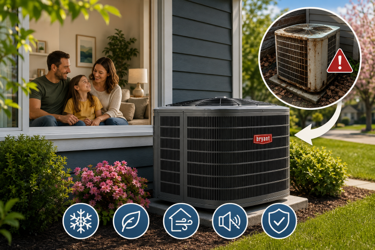 Modern residential AC unit installed outside a home in spring while a family relaxes indoors, highlighting energy-efficient air conditioning replacement before summer breakdowns