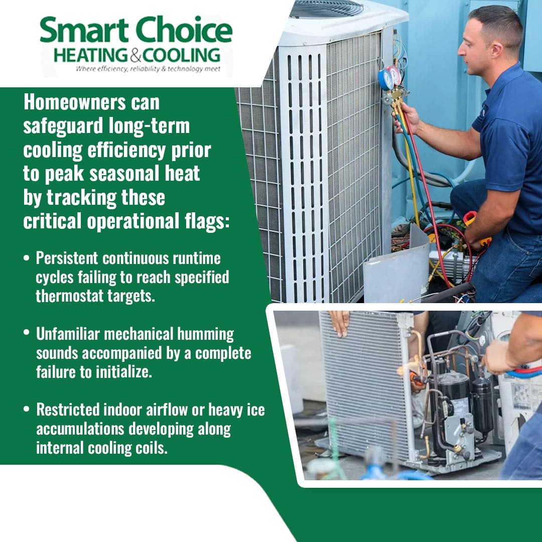 Smart Choice Heating and Cooling guide on safeguarding long-term AC efficiency, featuring a technician checking refrigerant levels and listing operational red flags like continuous runtime, mechanical humming, and heavy ice on coils.