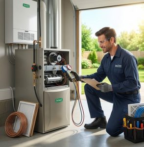 Smart Choice Heating & Cooling technician performing a summer furnace inspection on a Bryant heating system, using diagnostic gauges and a clipboard to ensure reliable winter performance as part of expert HVAC repair in Vancouver, WA.