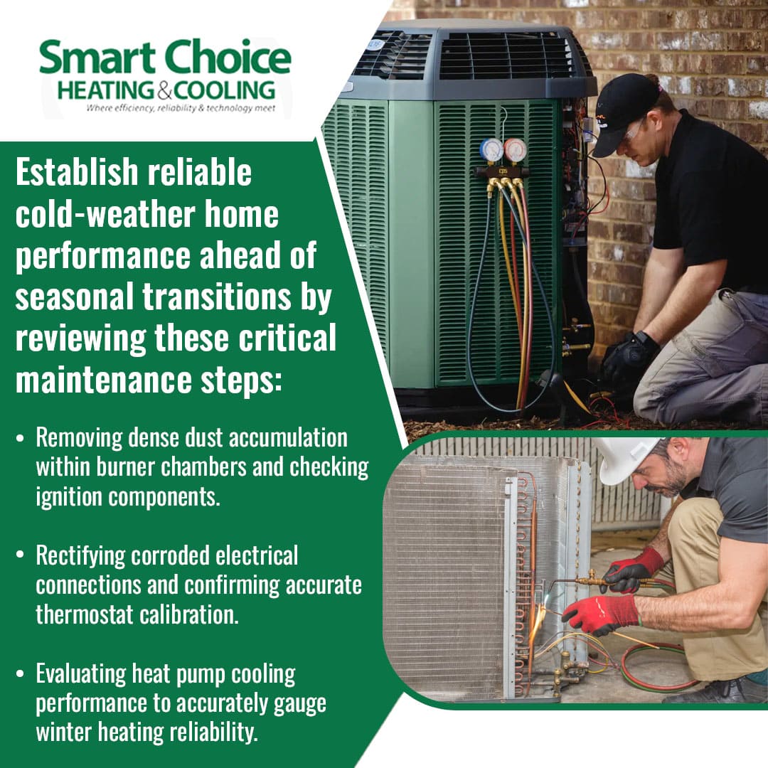 Smart Choice Heating and Cooling winter maintenance checklist for reliable cold-weather performance, showing technicians servicing an outdoor unit and brazing a coil, with tips on cleaning burner chambers and checking heat pump performance.